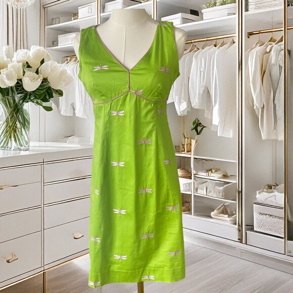 Vintage Lilly Pulitzer Green Pink Dragonfly Dress White Label in Size 4 Petite - Picture 1 of 7